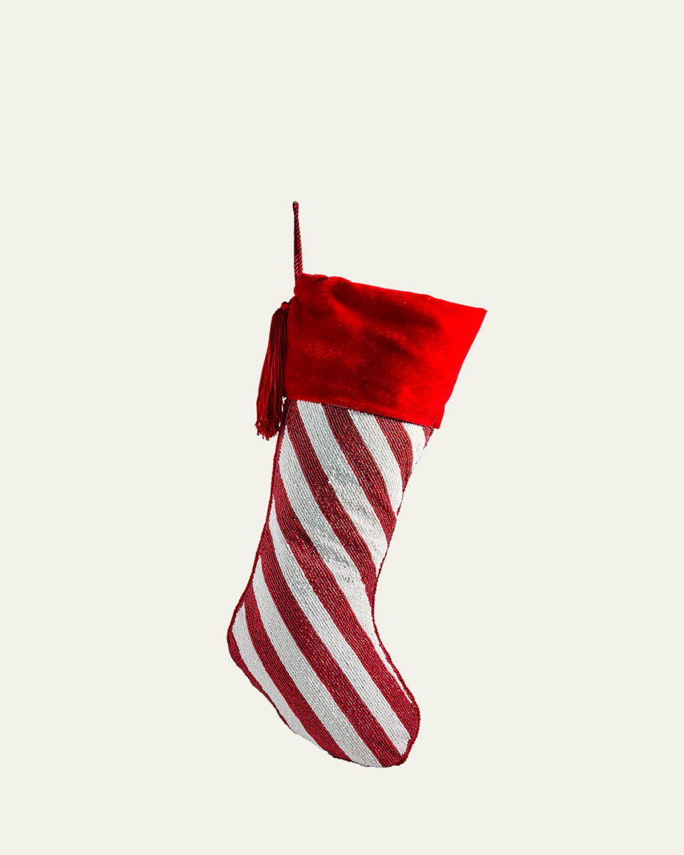 Beaded Large Candy Cane Christmas Stocking